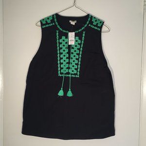 NWT J Crew Navy and Green Embroidered Blouse